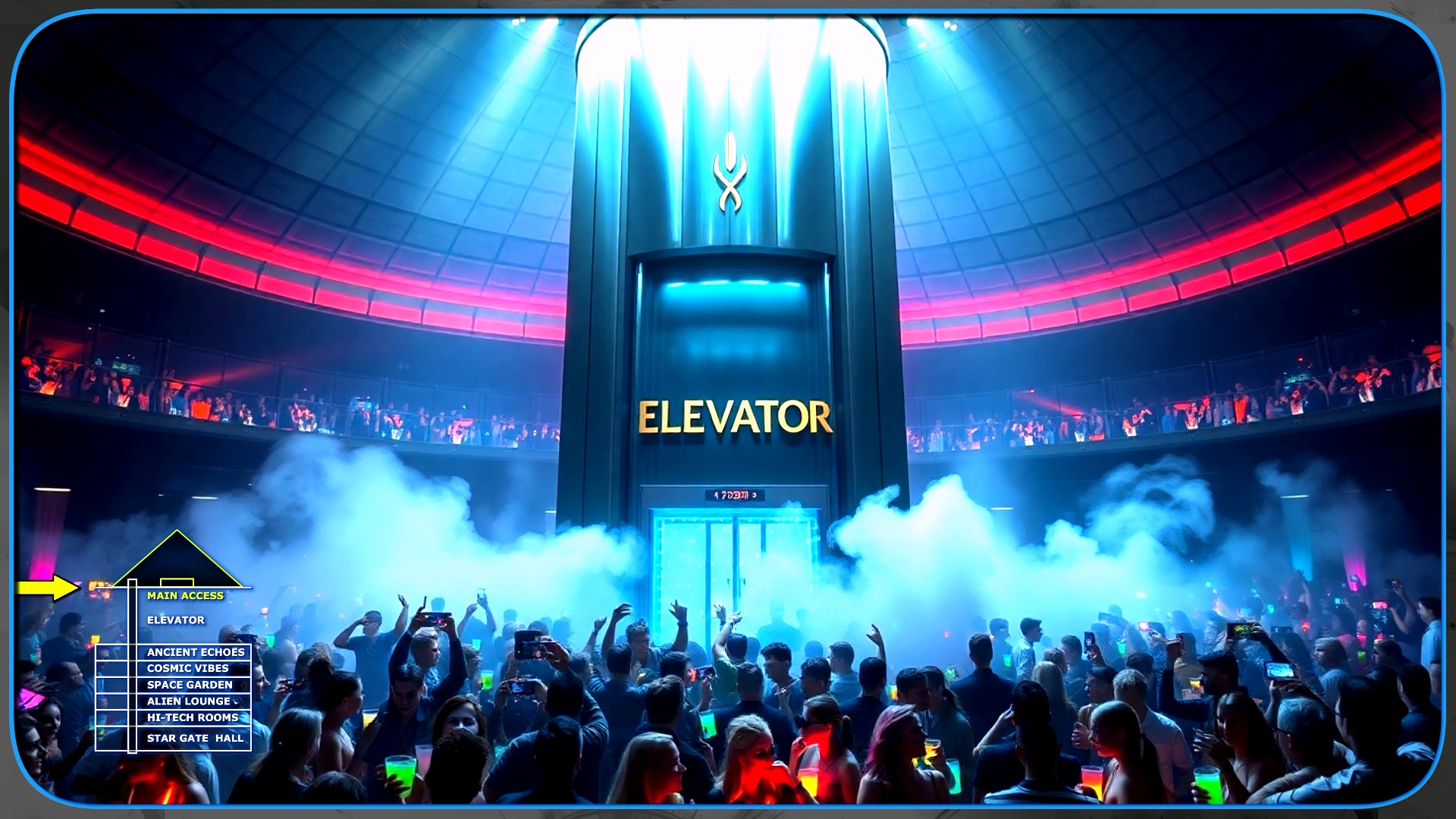 Futuristic nightclub interior with neon lights and a sleek glass elevator